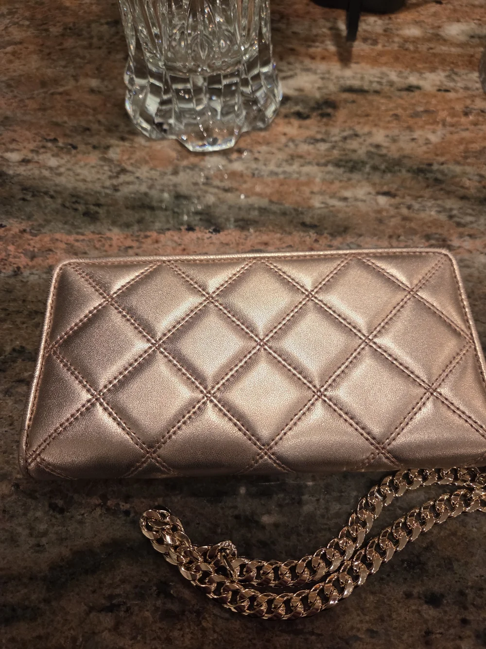 Tory Burch Quilted Metallic Wristlet Wallet in Rose Gold